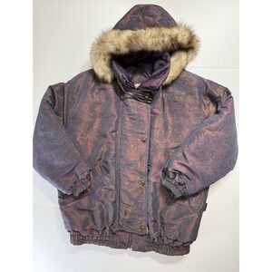 Vintage Innovations by Izzi Purple Abstract Parka Jacket Fox Fur Collar Size M